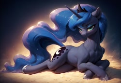Size: 1216x832 | Tagged: safe, imported from derpibooru, princess luna, ai content, ai generated, bedroom eyes, blushing, lidded eyes, lying down, prompter:vtaviscratch, sexy