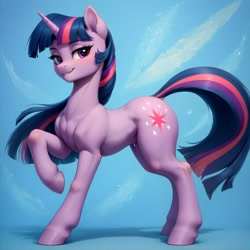 Size: 1024x1024 | Tagged: safe, imported from derpibooru, twilight sparkle, unicorn, ai content, ai generated, lidded eyes, lip bite, prompter:vtaviscratch, raised hoof, sexy, unicorn twilight