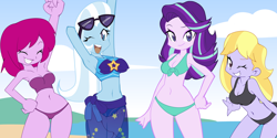 Size: 2800x1400 | Tagged: safe, artist:aokushan, imported from derpibooru, fuchsia blush, lavender lace, starlight glimmer, trixie, equestria girls, beach, clothes, swimsuit