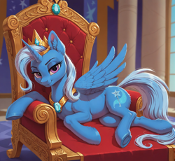 Size: 1112x1024 | Tagged: prompter needed, source needed, safe, imported from derpibooru, trixie, alicorn, ai content, ai generated, crown, female, generator:pony diffusion v6 xl, generator:stable diffusion, horn, image, jewelry, looking at you, lying down, png, race swap, regalia, smiling, smiling at you, throne