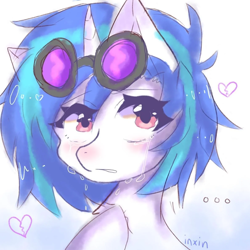 Size: 1188x1188 | Tagged: safe, artist:inxinfate, imported from derpibooru, dj pon-3, vinyl scratch, pony, unicorn, ..., broken hearts, bust, crying, eye clipping through hair, female, heart, hoof on chest, horn, looking at you, mare, sad, signature, simple background, solo, vinyl's glasses, white background