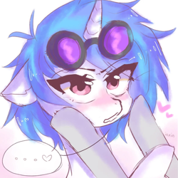 Size: 1188x1188 | Tagged: safe, artist:inxinfate, imported from derpibooru, dj pon-3, octavia melody, vinyl scratch, pony, unicorn, ..., blushing, bust, duo, duo female, eye clipping through hair, eyebrows, eyebrows visible through hair, female, floppy ears, heart, hooves on cheeks, horn, lesbian, mare, offscreen character, scratchtavia, shipping, signature, simple background, vinyl's glasses, white background