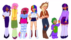 Size: 3497x1946 | Tagged: safe, artist:cloudiyeti, imported from derpibooru, applejack, fluttershy, pinkie pie, rainbow dash, rarity, spike, twilight sparkle, human, alternate hairstyle, applejack's hat, belly button, belt, book, boots, bracelet, cardigan, clothes, cowboy boots, cowboy hat, dark skin, denim, ear piercing, earring, female, flannel, flats, grin, hat, high heels, holding hands, humanized, jeans, jewelry, leg warmers, looking at each other, looking at someone, male, mane seven, mane six, necklace, onesie, pants, piercing, shirt, shoes, shorts, simple background, size difference, skirt, smiling, socks, stockings, striped socks, sweater, t-shirt, thigh highs, white background