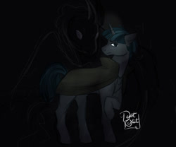 Size: 540x450 | Tagged: safe, artist:desertowlet, imported from derpibooru, pony of shadows, stygian, unicorn, black, black background, cloak, clothes, dark, duo, frown, halloween, holiday, horn, male, raised hoof, simple background