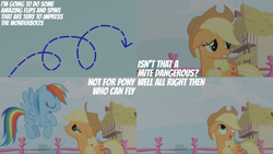 Size: 2000x1125 | Tagged: safe, edit, edited screencap, editor:quoterific, imported from derpibooru, screencap, applejack, rainbow dash, applebuck season, fence, floppy ears, ponyville