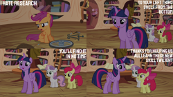 Size: 2000x1125 | Tagged: safe, edit, edited screencap, editor:quoterific, imported from derpibooru, screencap, apple bloom, scootaloo, sweetie belle, twilight sparkle, alicorn, twilight time, book, cutie mark crusaders, golden oaks library, twilight sparkle (alicorn)