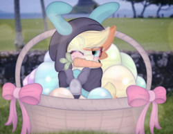 Size: 2076x1614 | Tagged: safe, artist:sodapop sprays, imported from derpibooru, oc, oc:sodapop sprays, pegasus, pony, basket, bunny suit, carrot, clothes, costume, dangerous mission outfit, easter, easter basket, easter egg, food, goggles, hawaii, holiday, hoodie, looking at you, real life background, solo