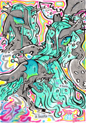 Size: 2048x2909 | Tagged: safe, artist:larvaecandy, imported from derpibooru, queen chrysalis, changeling, changeling queen, pony, abstract background, black coat, carapace, chest fluff, colored tongue, crown, crying, ear fluff, eyestrain warning, fangs, female, floppy ears, high res, insect wings, jewelry, long mane, mare, marker drawing, open mouth, pincers, profile, regalia, self paradox, self ponidox, sharp teeth, shrunken pupils, spread wings, straight mane, teal eyes, teal mane, teardrop, teeth, text, tiara, traditional art, transparent wings, trio, trio female, wings, zine