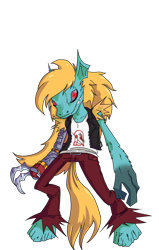 Size: 1156x1822 | Tagged: safe, artist:freakazoidthunk, imported from derpibooru, oc, oc only, oc:jaws, anthro, pegasus, unguligrade anthro, amputee, biker, blonde mane, character render, clothes, cybernetic eyes, jacket, leather, leather vest, my little hazards area, opposable hooves, parody, riding wasps, solo, vest