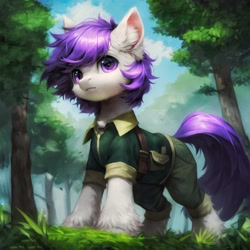 Size: 4238x4238 | Tagged: source needed, safe, imported from derpibooru, oc, oc only, oc:puff smarts, fluffy pony, pony, ai content, ai generated, clothes, ear fluff, forest, forest background, generator:pony diffusion v6 xl, generator:stable diffusion, looking at you, male, nature, outdoors, prompter:tempestdk, scout, scout uniform, solo, solo male, standing, tree, young