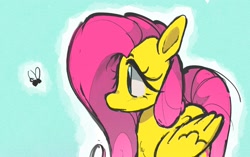 Size: 1548x971 | Tagged: safe, artist:honkinghighblood, imported from derpibooru, fluttershy, fly, insect, pony, blue background, cropped porn, simple background, solo