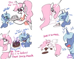 Size: 1024x811 | Tagged: safe, artist:petaltwinkle, imported from derpibooru, princess celestia, princess luna, alicorn, pony, alternate hairstyle, apron, blue coat, blue eyes, blue mane, blue text, cake, cakelestia, chewing, clothes, cute, cutelestia, dialogue, drool, duo, duo female, eating, emanata, eye clipping through hair, eyebrows, eyebrows visible through hair, eyes closed, female, filly, filly luna, folded wings, food, food coma, fork, glowing, glowing horn, head pat, hoof hold, horn, laughing, lethal chef, long horn, looking at each other, looking at someone, lunabetes, magic, mare, onomatopoeia, open mouth, open smile, pat, patting, pink eyes, pink mane, pink tail, pink text, pink-mane celestia, ponytail, prank fail, raised hoof, raised hooves, royal sisters, sibling love, siblings, signature, simple background, sisterly love, sisters, smiling, smiling at each other, spread wings, starry eyes, sweat, sweatdrop, tail, talking, teardrop, telekinesis, text, that pony sure does love cakes, tied mane, wall of tags, white background, white coat, wingding eyes, wings, you tried, young celestia, young luna, younger