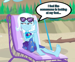 Size: 862x720 | Tagged: safe, artist:paco777yuyu, imported from derpibooru, trixie, equestria girls, barefoot, beach, beach chair, chair, feet, feet up, female, fetish, foot fetish, foot focus, great and powerful, soles, solo, solo female, sunglasses, suspicious, wondering