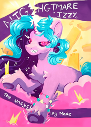 Size: 3071x4252 | Tagged: safe, artist:cutepencilcase, imported from derpibooru, izzy moonbow, pony, unicorn, bracelet, evil grin, g5, gouache, grin, horn, jewelry, nightmare moonbow, nightmarified, sharp teeth, slit pupils, smiling, solo, teeth, traditional art