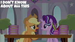 Size: 2000x1125 | Tagged: safe, edit, edited screencap, editor:quoterific, imported from derpibooru, screencap, applejack, starlight glimmer, school daze