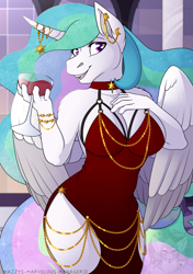 Size: 2141x3039 | Tagged: safe, artist:grumpygriffcreation, imported from derpibooru, princess celestia, alicorn, anthro, alcohol, breasts, chains, clothes, dress, female, fishtail dress meme, glass, horn, horn ring, jewelry, meme, regalia, ring, wine, wine glass, wings