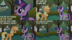 Size: 2000x1125 | Tagged: safe, edit, edited screencap, editor:quoterific, imported from derpibooru, screencap, applejack, spike, twilight sparkle, friendship is magic