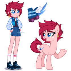 Size: 2270x2262 | Tagged: safe, artist:skyfallfrost, imported from derpibooru, oc, oc only, oc:ruby dare, earth pony, human, pony, equestria girls, clothes, duality, earth pony oc, eye clipping through hair, eyebrows, eyebrows visible through hair, female, freckles, high res, mare, open mouth, open smile, signature, simple background, smiling, solo, transparent background