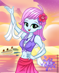 Size: 2015x2490 | Tagged: safe, artist:rjp.rammy, imported from derpibooru, oc, oc:shimmy, equestria girls, belly, belly button, cruise ship, eyebrows, female, jewelry, lidded eyes, midriff, necklace, ocean, slender, solo, thin, water