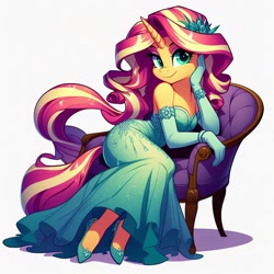 Size: 1024x1024 | Tagged: safe, imported from derpibooru, sunset shimmer, anthro, ai content, ai generated, chair, clothes, dress, evening gloves, generator:dall-e 3, gloves, hand on face, high heels, long gloves, off shoulder, prompter:glimmy-glam, shoes, side view, simple background, smiling, solo, stiletto heels