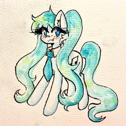 Size: 3024x3024 | Tagged: safe, artist:mylittleyuri, imported from derpibooru, earth pony, pony, anime, blush lines, blushing, female, hatsune miku, high res, looking at you, mare, necktie, ponified, smiling, smiling at you, solo, traditional art, vocaloid, watercolor painting