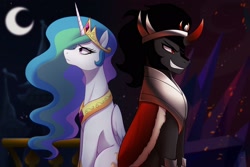 Size: 2048x1364 | Tagged: safe, artist:maren, imported from derpibooru, king sombra, princess celestia, alicorn, unicorn, horn, moon, night