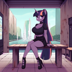 Size: 1024x1024 | Tagged: safe, imported from derpibooru, twilight sparkle, anthro, unicorn, adorasexy, ai content, ai generated, bench, big breasts, breasts, busty twilight sparkle, cleavage, clothes, collar, curvy, cute, female, fountain, high heels, horn, hourglass figure, prompter:horselover fat, sexy, shoes, short shirt, sitting, skirt, solo, tiled floor, vending machine