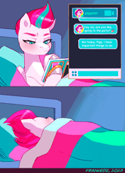 Size: 1080x1492 | Tagged: safe, artist:frank3dz, imported from derpibooru, zipp storm, pegasus, pony, 2 panel comic, bed, cellphone, comic, female, g5, hoof hold, implied pipp petals, in bed, mare, phone, sleeping, smartphone, solo, text message
