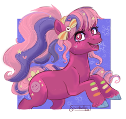 Size: 863x819 | Tagged: dead source, source needed, useless source url, safe, artist:sprinklefest, imported from ponybooru, earth pony, pony, 2021, abstract background, female, freckles, hair accessory, looking at you, mare, open mouth, open smile, passepartout, ponytail, rearing, side view, smiling, smiling at you, unshorn fetlocks