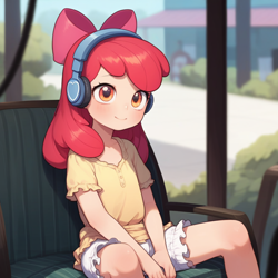 Size: 1024x1024 | Tagged: safe, imported from twibooru, apple bloom, human, ai content, ai generated, bow, clothes, female, hair bow, headphones, humanized, image, png, shorts, sitting