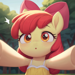 Size: 1024x1024 | Tagged: safe, imported from twibooru, apple bloom, earth pony, pony, ai content, ai generated, bow, clothes, dress, female, filly, hair bow, image, offscreen character, png, pov