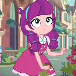 Size: 1024x1024 | Tagged: safe, imported from twibooru, lily longsocks, equestria girls, ai content, ai generated, child, clothes, cutie mark, cutie mark on clothes, dress, female, flower, image, outdoors, png, street, underage