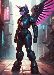 Size: 1024x1408 | Tagged: safe, imported from derpibooru, twilight sparkle, anthro, cyborg, unicorn, ai content, ai generated, armor, artificial wings, augmented, city, cybernetic eyes, cyberpunk, generator:pony diffusion v6 xl, generator:stable diffusion, horn, mechanical wing, prompter:star-dragon, street, wings