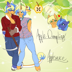 Size: 1400x1400 | Tagged: safe, artist:queenpoisonstar, imported from derpibooru, applejack, princess luna, oc, oc:apple dumpling, oc:applesauce, anthro, earth pony, unguligrade anthro, unicorn, cloven hooves, female, horn, leonine tail, lesbian, lunajack, magical lesbian spawn, offspring, parent:applejack, parent:princess luna, parents:lunajack, s1 luna, scythe, shipping, tail