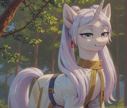 Size: 1128x960 | Tagged: prompter needed, source needed, safe, imported from derpibooru, unicorn, ai assisted, ai content, ai generated, clothes, crossover, forest, frieren, generator:pony diffusion v6 xl, generator:stable diffusion, green eyes, horn, nature, tree, white coat