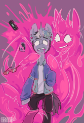 Size: 2268x3339 | Tagged: safe, artist:crashbrush, imported from derpibooru, oc, demon, demon pony, original species, pony, unicorn, blood, clothes, duo, ear piercing, high res, horn, horns, jacket, jewelry, magic, male, multicolored mane, piercing, pink blood, smiling, stallion, tricolor mane, white eyes, wings