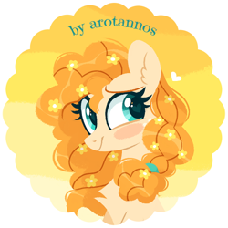 Size: 590x590 | Tagged: safe, artist:arotannos, imported from derpibooru, pear butter, earth pony, pony, blushing, bust, female, looking at you, mare, portrait, smiling, smiling at you, solo, text