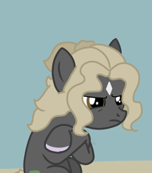 Size: 735x832 | Tagged: safe, artist:thomas.senko, imported from derpibooru, oc, oc:black betty, earth pony, angry, angry face, blonde, crossed arms, crossed hooves, dark skin, dessert, earth pony oc, female, female oc, mare