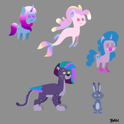 Size: 3000x3000 | Tagged: safe, artist:banquo0, imported from derpibooru, izzy moonbow, big cat, leopard, pony, rabbit, seapony (g4), snow leopard, unicorn, spoiler:g5, spoiler:my little pony: tell your tale, spoiler:tyts02e00, allura, animal, auroricorn, destiny (g5), g5, gray background, horn, my little pony: tell your tale, pointy ponies, simple background, stardance, the blockywockys, twitch (g5)