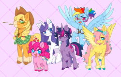 Size: 3029x1931 | Tagged: safe, artist:paichi-art, imported from derpibooru, applejack, fluttershy, pinkie pie, rainbow dash, rarity, twilight sparkle, earth pony, pegasus, pony, unicorn, alternate cutie mark, alternate design, alternate hairstyle, alternate tailstyle, female, flower, flower in hair, glasses, goggles, goggles around neck, height difference, high res, horn, mane six, mare, outline, patterned background, physique difference, purple background, redesign, round glasses, shawl, signature, simple background, smol, spread wings, straw in mouth, tail, unicorn twilight, wings