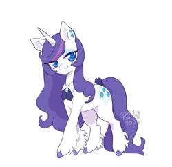 Size: 750x727 | Tagged: safe, artist:paichi-art, imported from derpibooru, part of a set, rarity, pony, unicorn, alternate hairstyle, beauty mark, bow, colored pinnae, ear piercing, earring, female, fetlock tuft, floppy ears, hoof fluff, horn, jewelry, lapel, leg fluff, long feather, long legs, long mane, long tail, mare, neck bow, outline, piercing, redesign, signature, simple background, smiling, solo, sparkly eyes, tail, tail bow, thin legs, tied tail, transparent background, two toned mane, watermark, wingding eyes