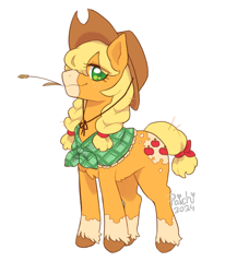 Size: 750x824 | Tagged: safe, artist:paichitaron, imported from derpibooru, part of a set, applejack, earth pony, pony, alternate hairstyle, applejack's hat, braid, braided pigtails, coat markings, colored hooves, colored muzzle, colored pinnae, cowboy hat, eye clipping through hair, facial markings, female, floppy ears, freckles, hat, looking at you, mare, mealy mouth (coat marking), pigtails, profile, redesign, shawl, signature, simple background, smiling, smiling at you, socks (coat markings), solo, sparkly eyes, straw in mouth, tail, tied mane, tied tail, transparent background, unshorn fetlocks, wingding eyes