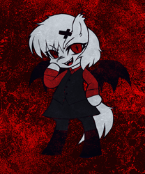 Size: 1589x1907 | Tagged: safe, artist:menalia, imported from derpibooru, oc, oc only, oc:rimo, pony, undead, vampire, vampony, abstract background, bat wings, bipedal, clothes, evil grin, fangs, female, grin, looking at you, mare, red background, shirt, simple background, skirt, smiling, vest, wings