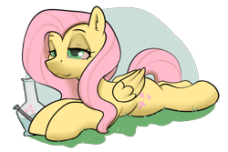 Size: 3300x2204 | Tagged: safe, artist:dumbwoofer, imported from derpibooru, fluttershy, pegasus, pony, bong, ear fluff, female, flutterhigh, grass, high, lidded eyes, lying down, mare, prone, red eyes, simple background, solo, sploot, stoned, transparent background