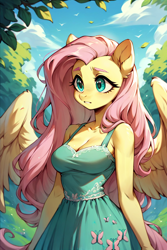 Size: 896x1344 | Tagged: safe, imported from derpibooru, fluttershy, anthro, pegasus, ai content, ai generated, big head, blushing, breasts, busty fluttershy, cleavage, clothes, dress, nature, partially open wings, prompter:saberclaw1x, solo, sundress, wings