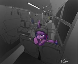 Size: 1536x1270 | Tagged: safe, artist:felfox, imported from derpibooru, twilight sparkle, oc, unicorn, beanie, bus, cigarette, hat, horn