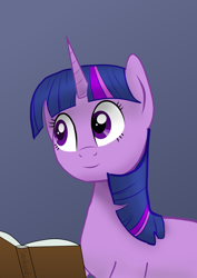 Size: 4092x5787 | Tagged: safe, artist:stvihandi, imported from derpibooru, twilight sparkle, pony, unicorn, book, horn, simple background, smiling, solo