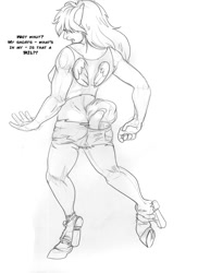 Size: 900x1238 | Tagged: safe, artist:arania, imported from derpibooru, rainbow dash, satyr, breasts, clothes, dialogue, female, female to futa, human to taur, monochrome, ripping clothes, solo, transformation, transformation sequence, transgender transformation