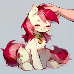 Size: 1024x1024 | Tagged: safe, imported from derpibooru, roseluck, human, pony, ai content, ai generated, behaving like a cat, collar, cute, eyes closed, fluffy, generator:pony diffusion v6 xl, generator:stable diffusion, hand, offscreen character, offscreen human, pet tag, petting, pony pet, prompter:doom9454, rosepet, sitting