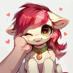 Size: 1024x1024 | Tagged: safe, imported from derpibooru, roseluck, human, pony, ai content, ai generated, behaving like a cat, collar, cute, floppy ears, fluffy, generator:pony diffusion v6 xl, generator:stable diffusion, hand, hand on cheek, heart, heart eyes, looking at you, offscreen character, offscreen human, one eye closed, open mouth, open smile, pet tag, petting, pony pet, pov, prompter:doom9454, rosepet, smiling, smiling at you, wingding eyes